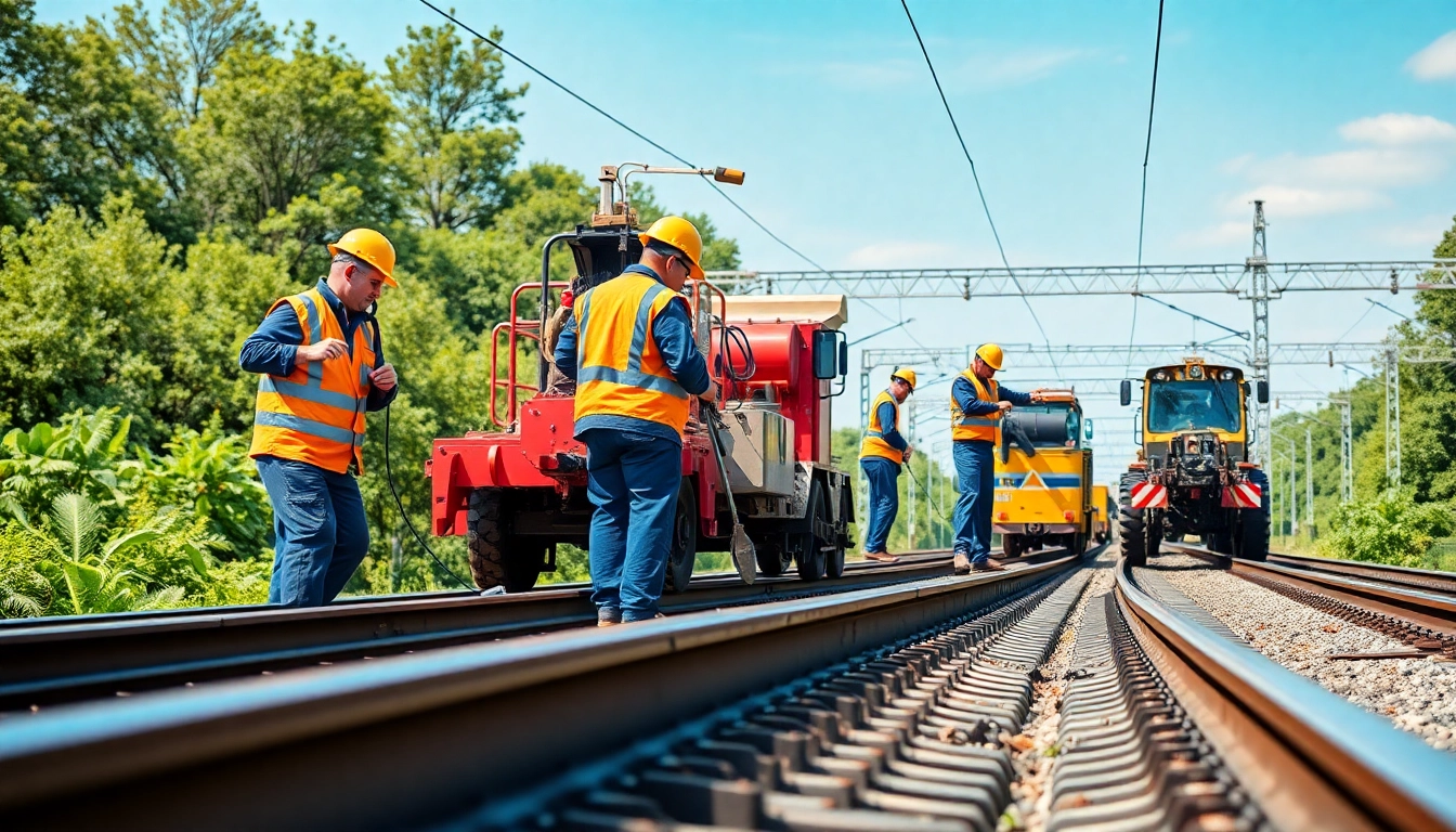 Railroad maintenance services team conducting repairs on railway tracks in a green environment.