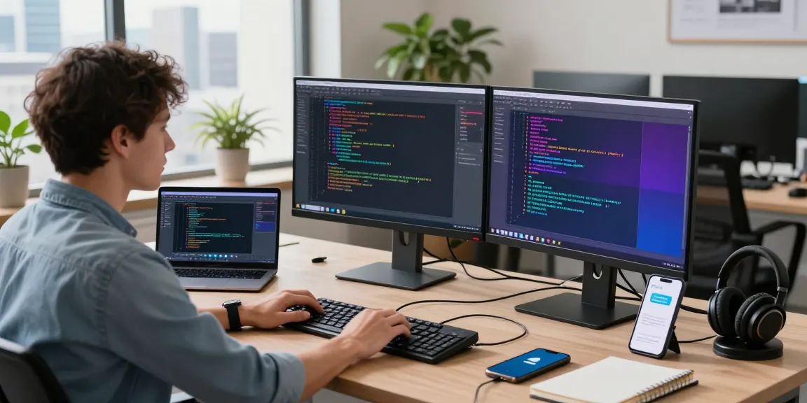 A developer enhancing 纸飞机下载 in a modern workspace, showcasing dual monitors, vibrant coding graphics, and contemporary office accessories.