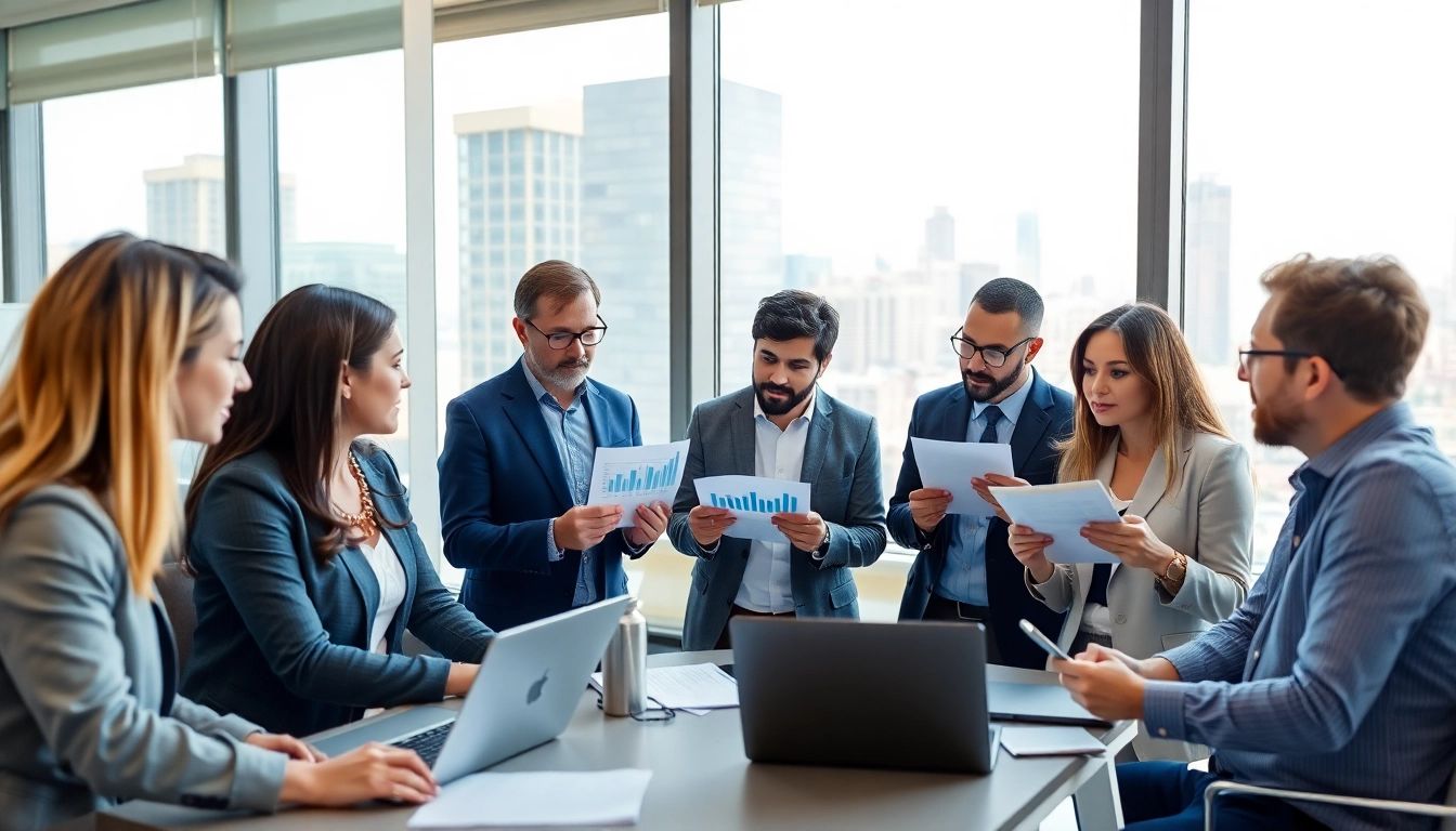 Analyze competitor research with a professional team collaborating in a modern office.