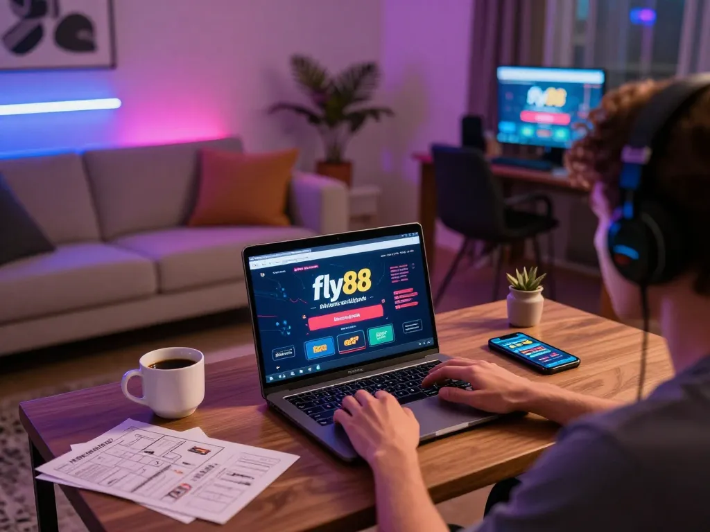 Engaging with the fly88 link on a laptop, showcasing a vibrant online gaming scene.