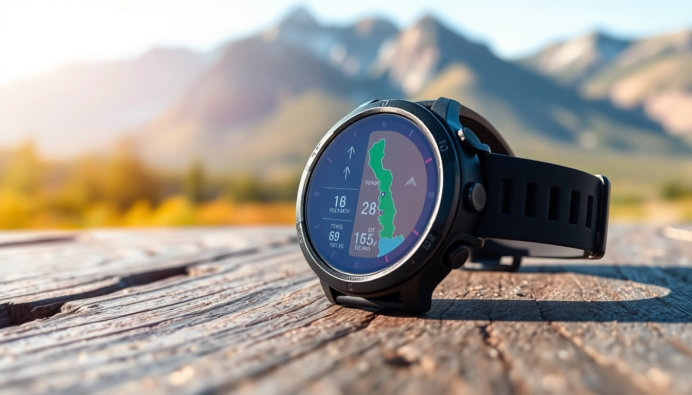 Showcasing the Explorer GPS Smart Watch displaying navigation features on a wooden table.