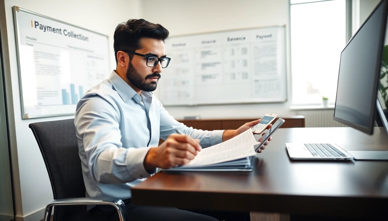 Streamlined payment collection process in a professional office environment with digital tools.