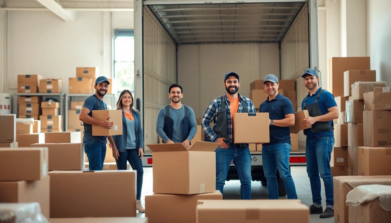 Movers packing a truck in a vibrant moving facility, showcasing teamwork and positivity.