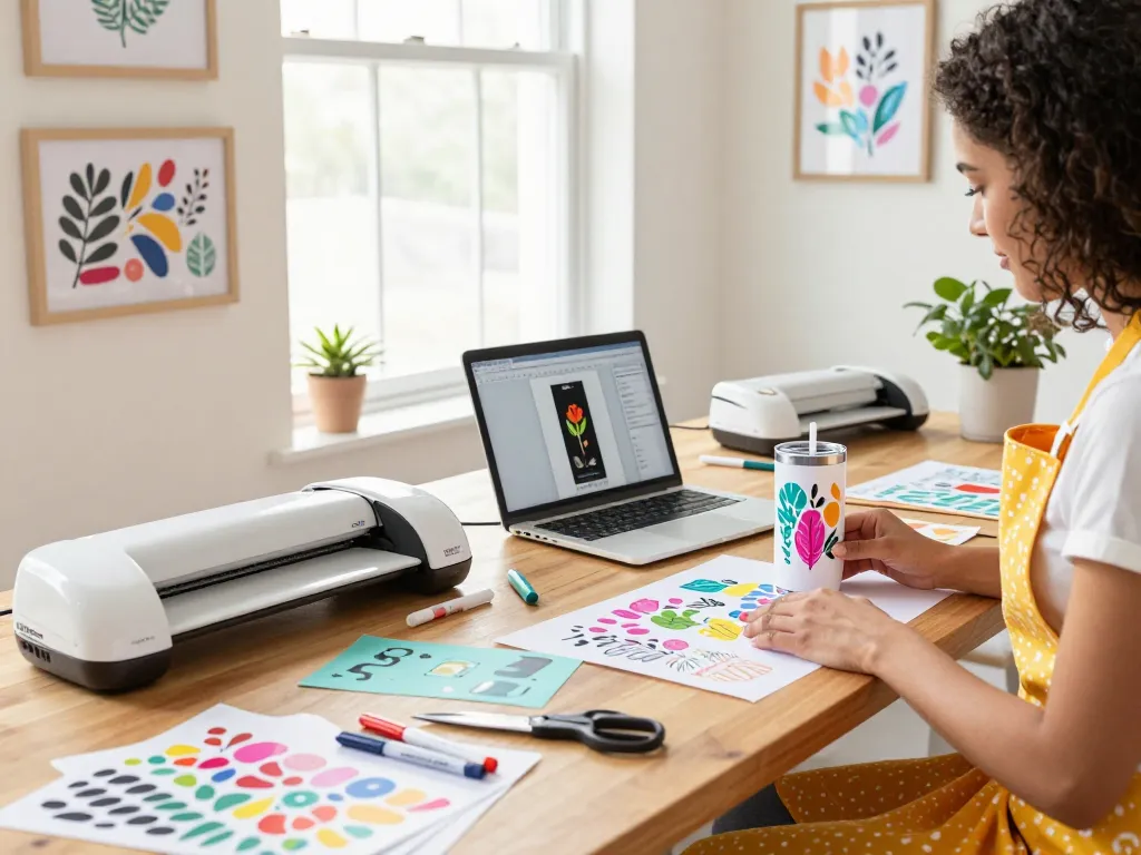 Designer working with a cricut svg bundle to create custom tumbler designs in a bright workshop.