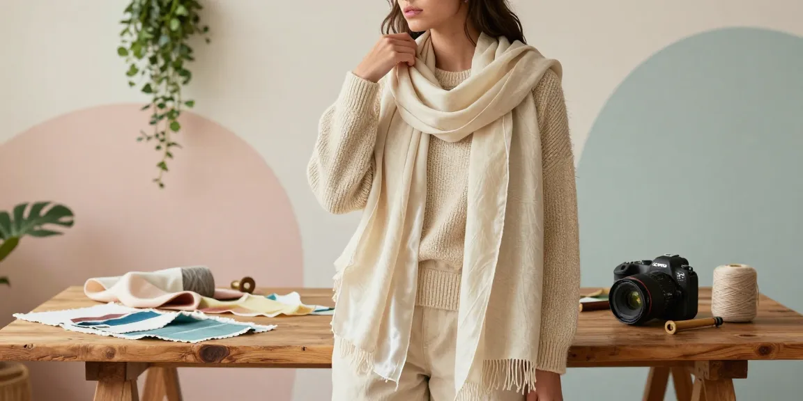 Model showcasing unique natural fiber clothing in a chic studio, highlighting sustainability in fashion.