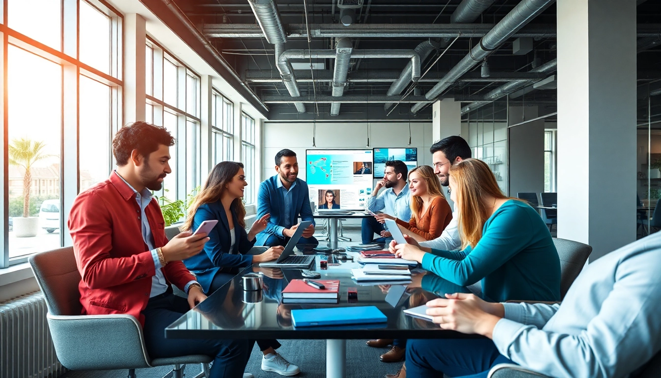 Team of social media marketing companies edmonton strategizing together in a modern office.