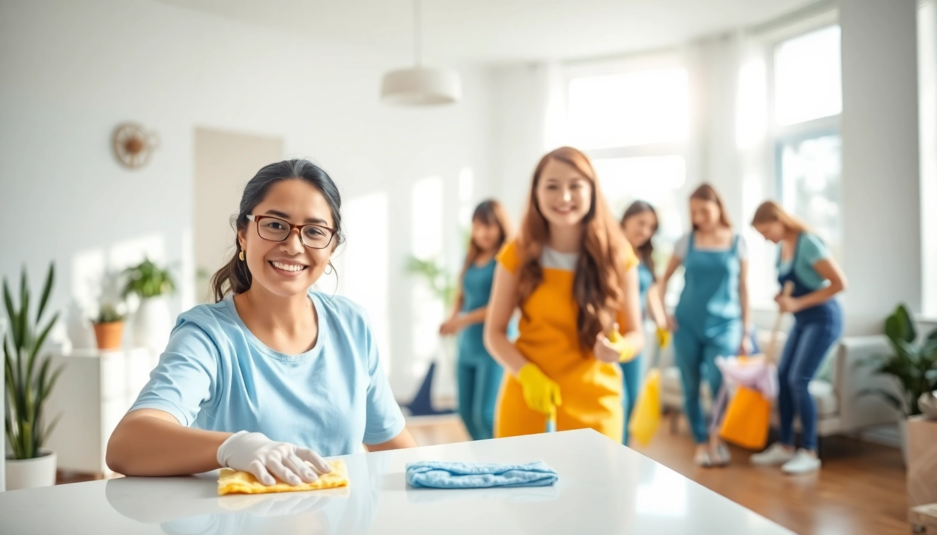 Efficient cleaning service team working in a modern home environment, showcasing teamwork and professionalism.