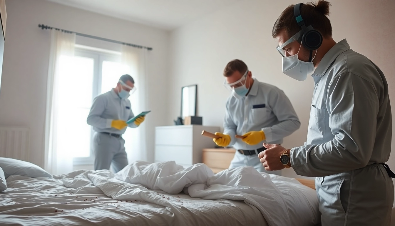 Bed bug exterminators professionally inspecting a bedroom for infestation