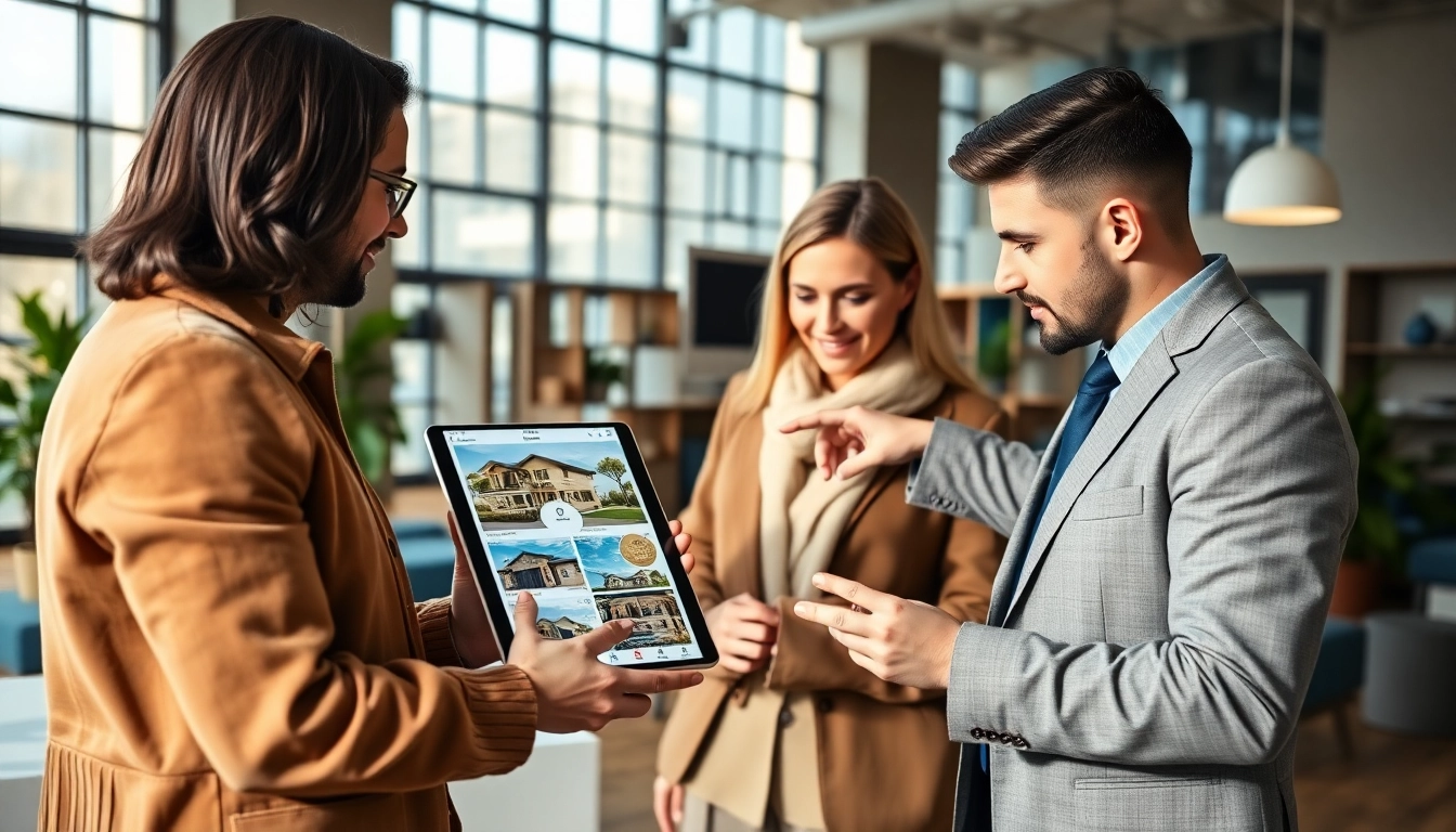 Explore real estate listings with professional agents discussing properties in a modern office.