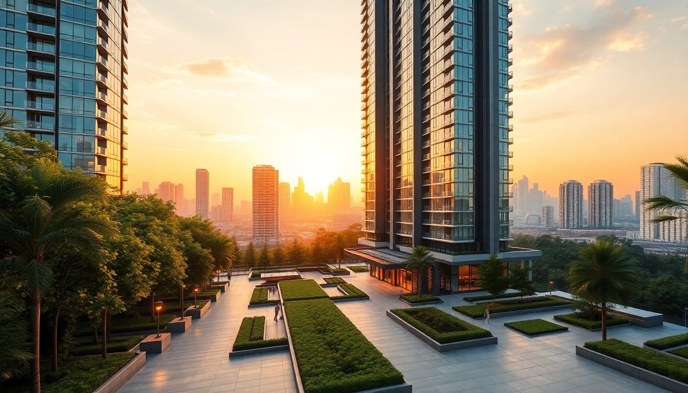 Showcase of the lion residence, a luxury apartment complex with glass towers and lush greenery.