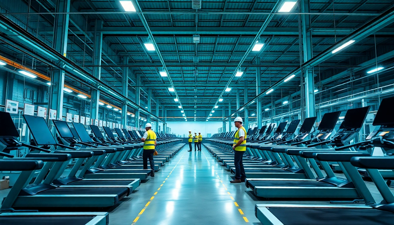 Fitness equipment manufacturer showcasing advanced treadmill production in a modern factory setting.