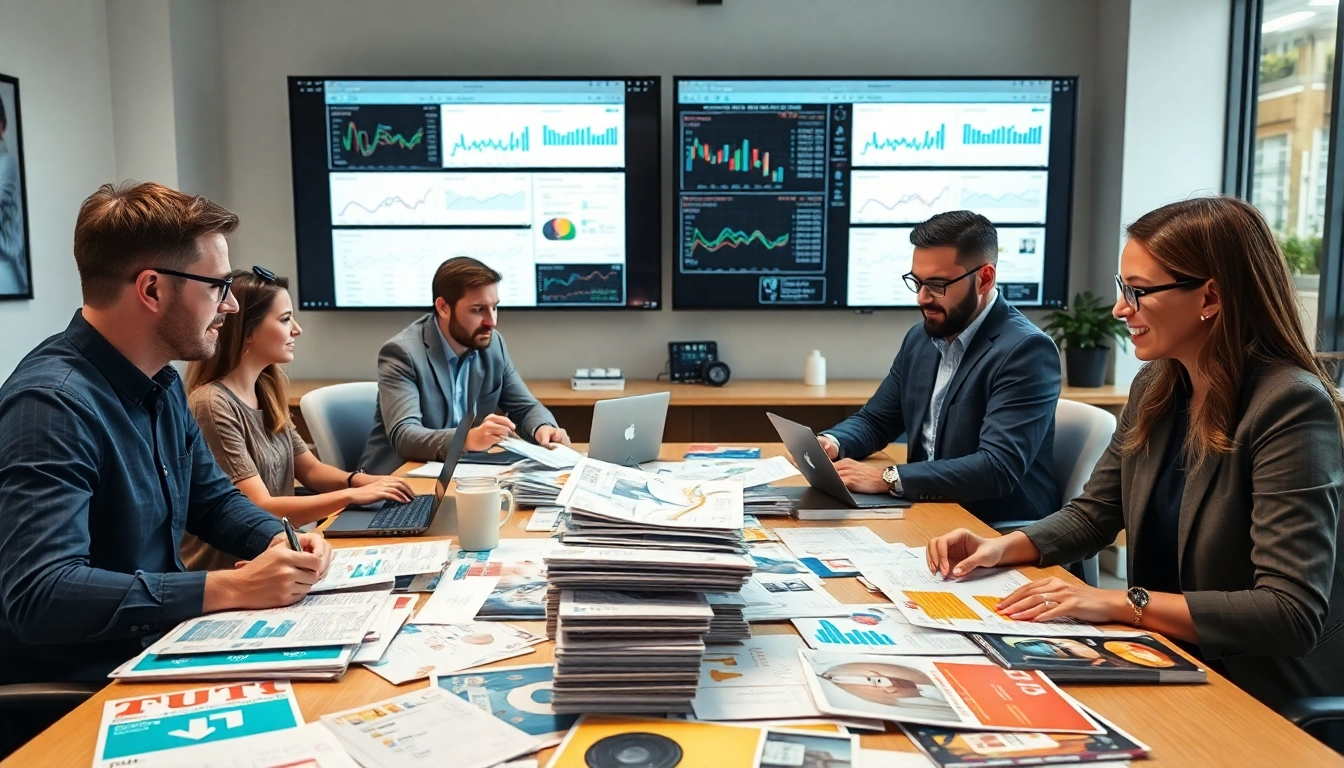 Engaging team collaborating on Apex Direct Mail marketing strategies at a modern office.