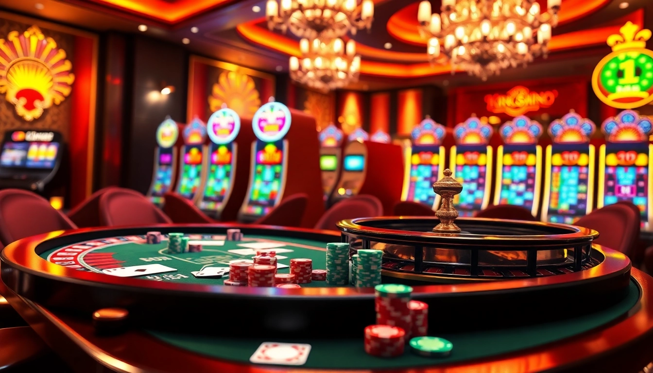 Experience the thrill of King88 with luxurious casino elements, vibrant poker chips, and roulette excitement.