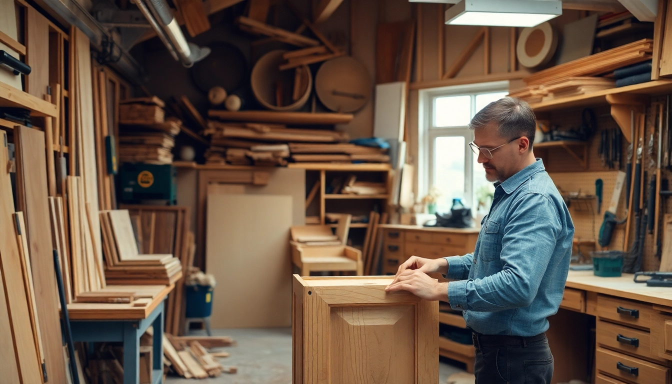 Craftsmanship by a cabinet maker near me in an inspiring workshop filled with wood and tools.
