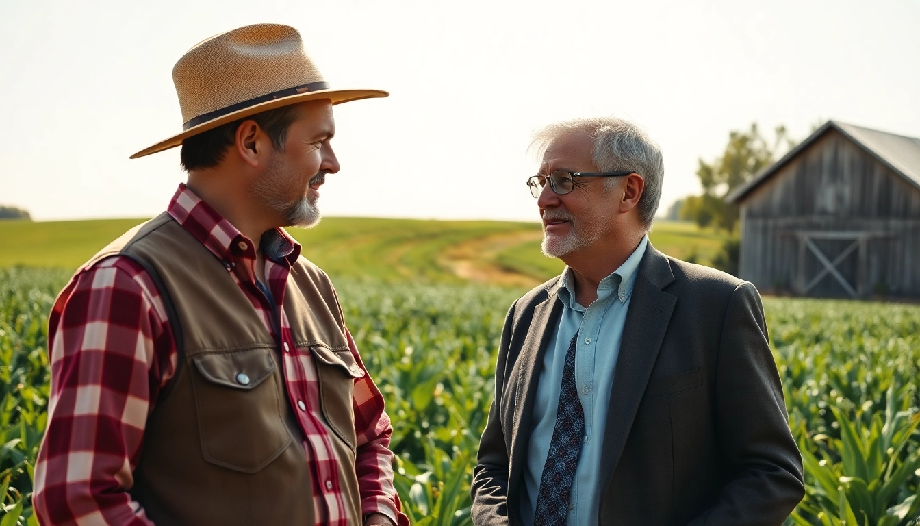 Understand agricultural law through a professional discussion between a lawyer and a farmer in a field.
