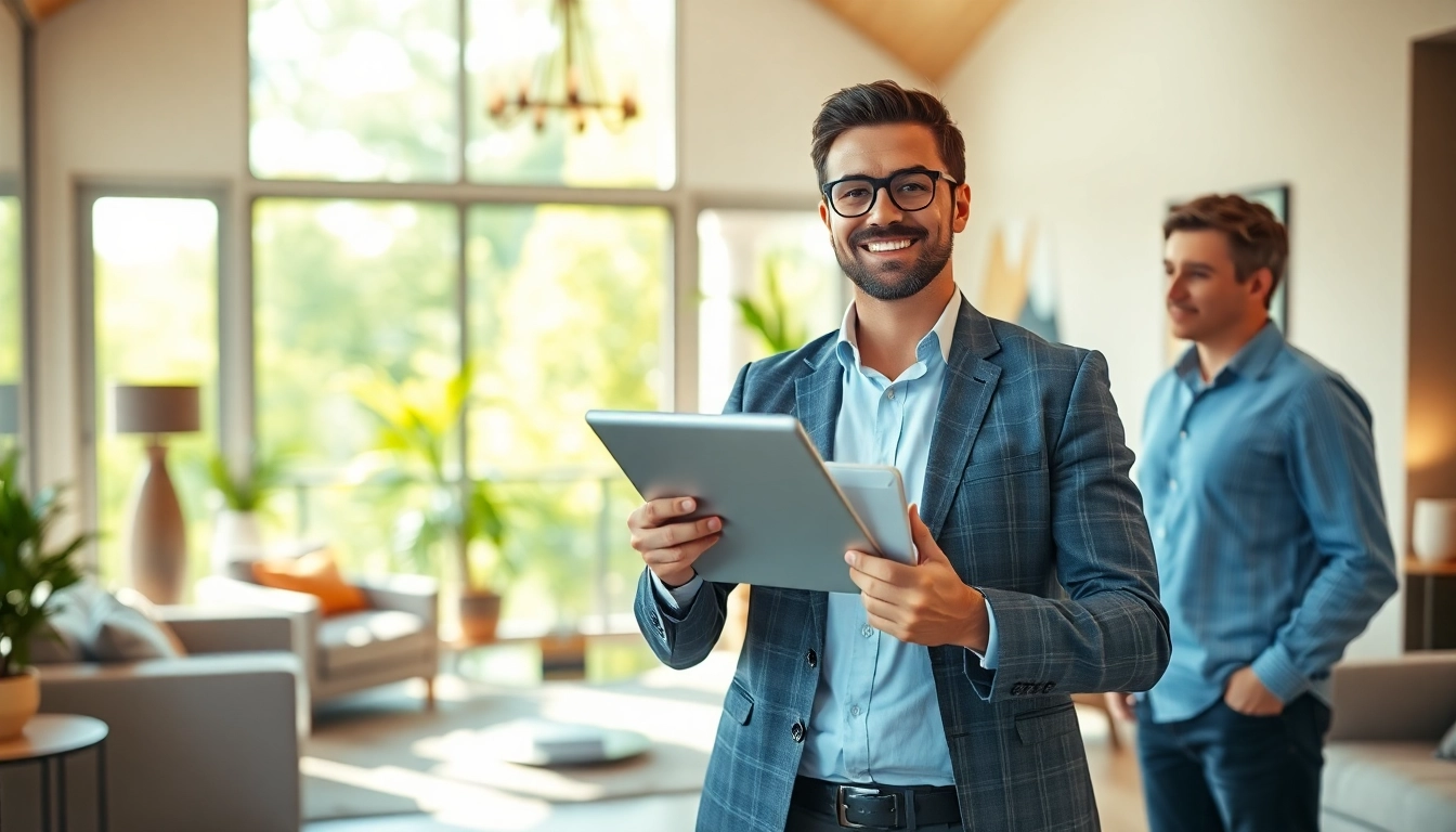 Real Estate agent engaging clients in a bright, modern home interior.