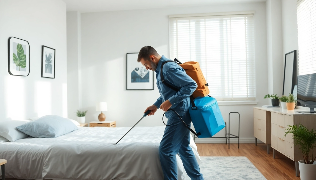 Bed bug exterminators conducting treatment in a clean, modern bedroom.