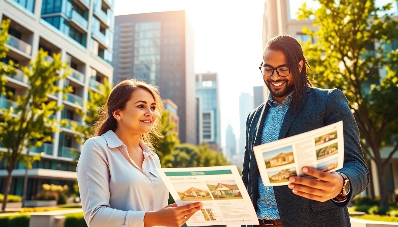 Engaging real estate agent presents listings in an urban setting, showcasing Real Estate opportunities.
