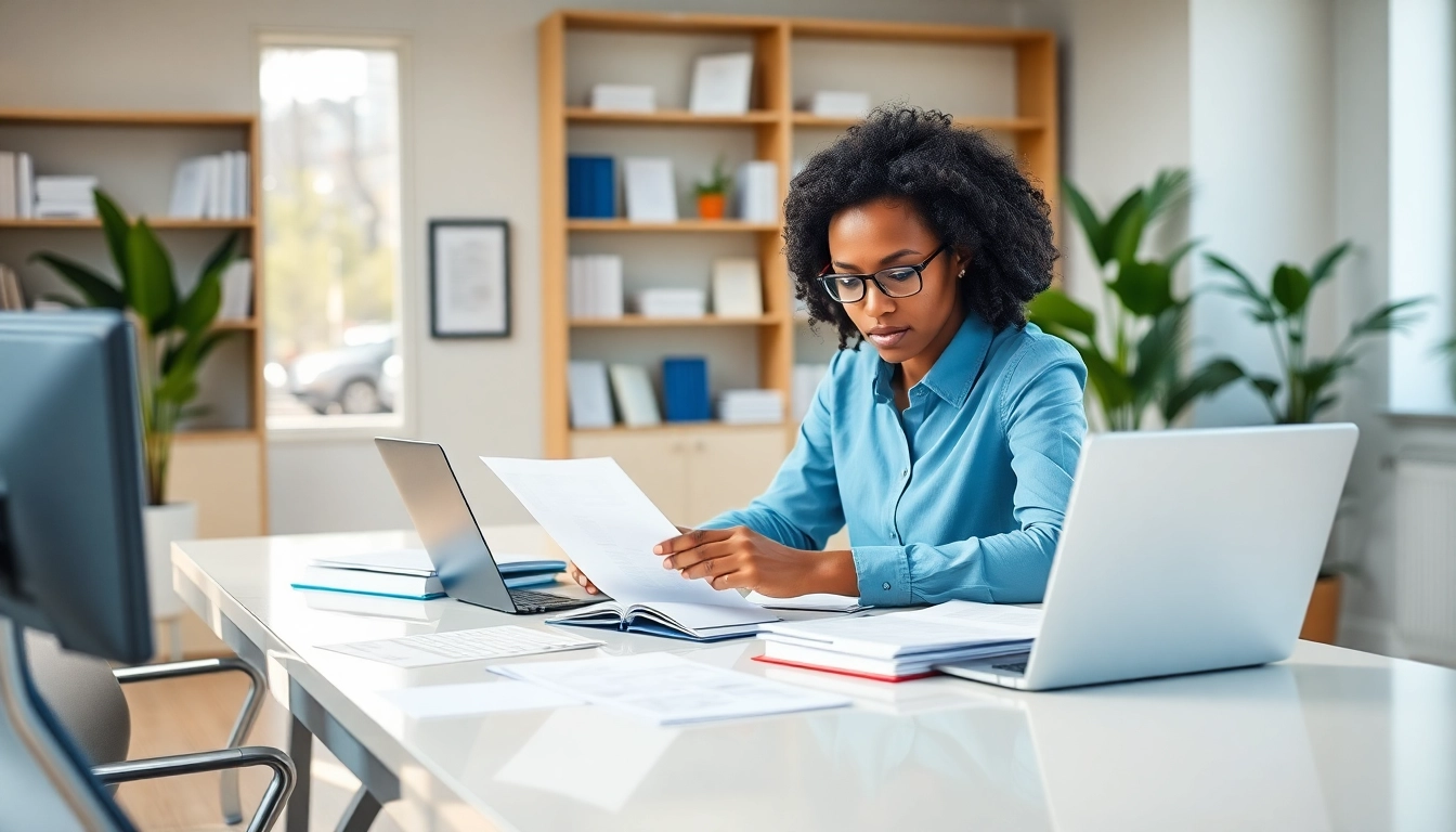 Focused translator working on certified translation (traducción jurada) in a modern office