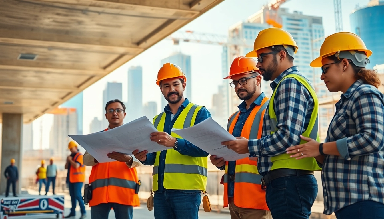 Engaged workers of a construction association south carolina collaborating on site with diverse tools and safety gear.