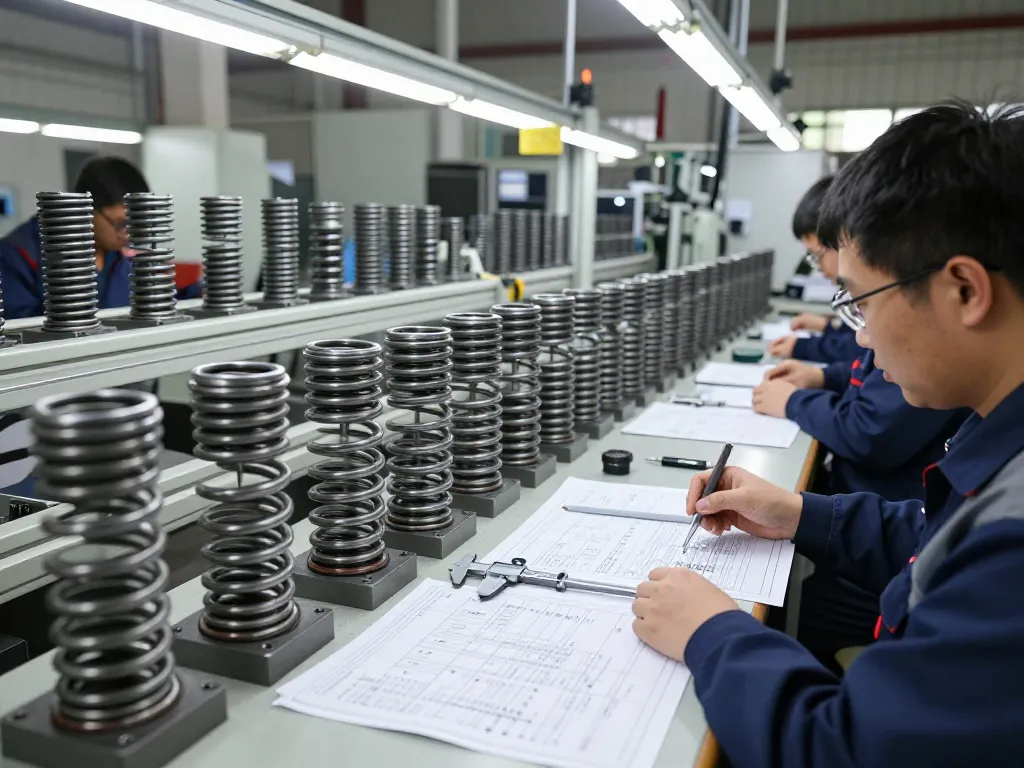 Fabrica de arcuri, prezentând inginerie de precizie, cu muncitori calificați examinând arcuri de compresie elicoidale într-un mediu de fabricație luminos