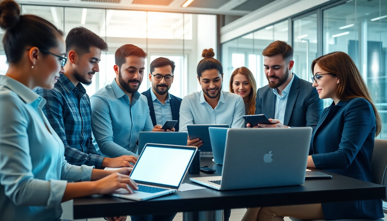 Engaged professionals using 1cplatform technology in a bright modern workspace.