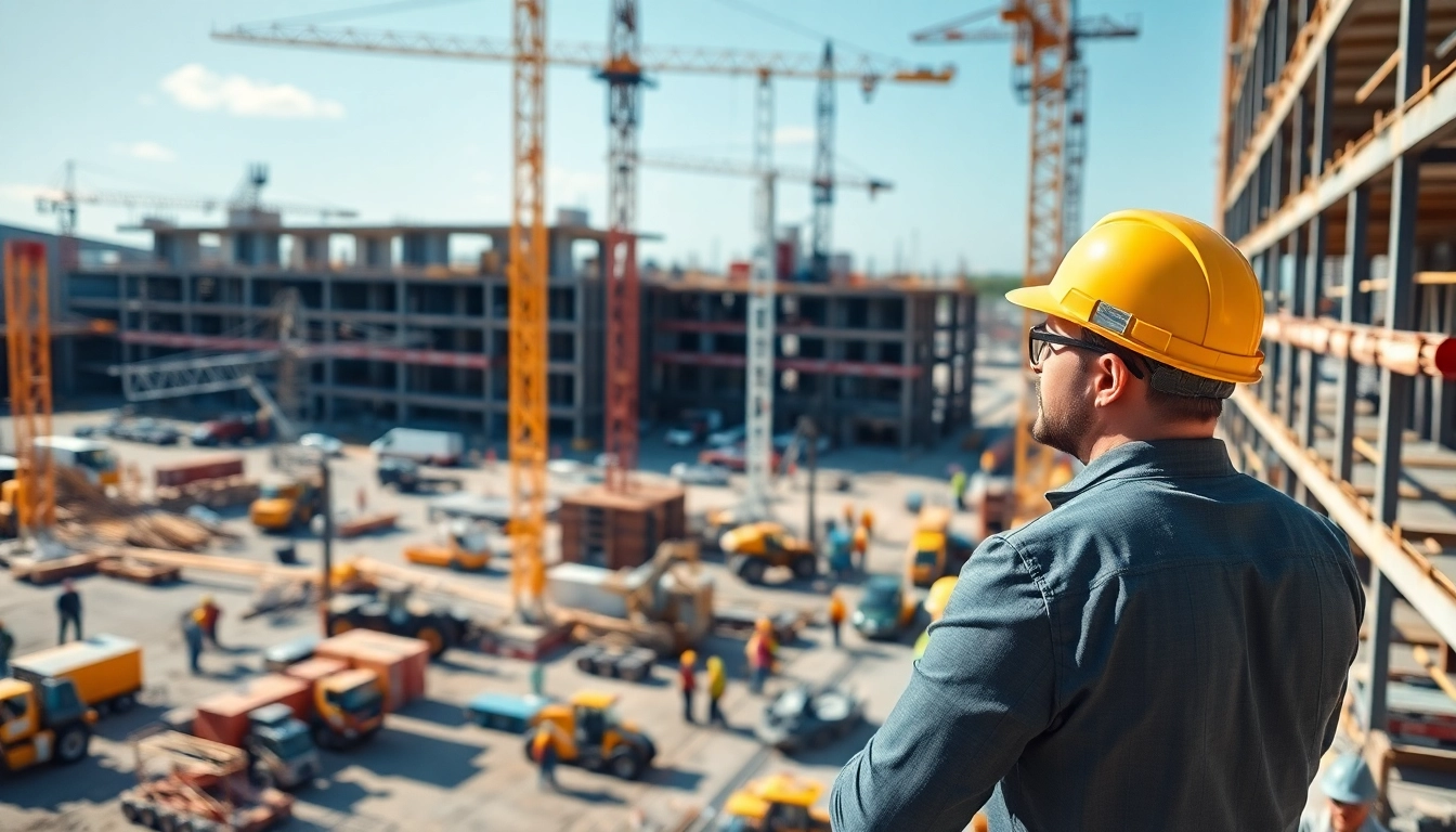 View of a commercial building developer guiding a construction project with modern equipment.