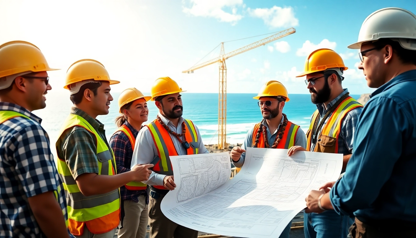 Team of professionals representing the hawaii construction association discuss plans on a sunny construction site.