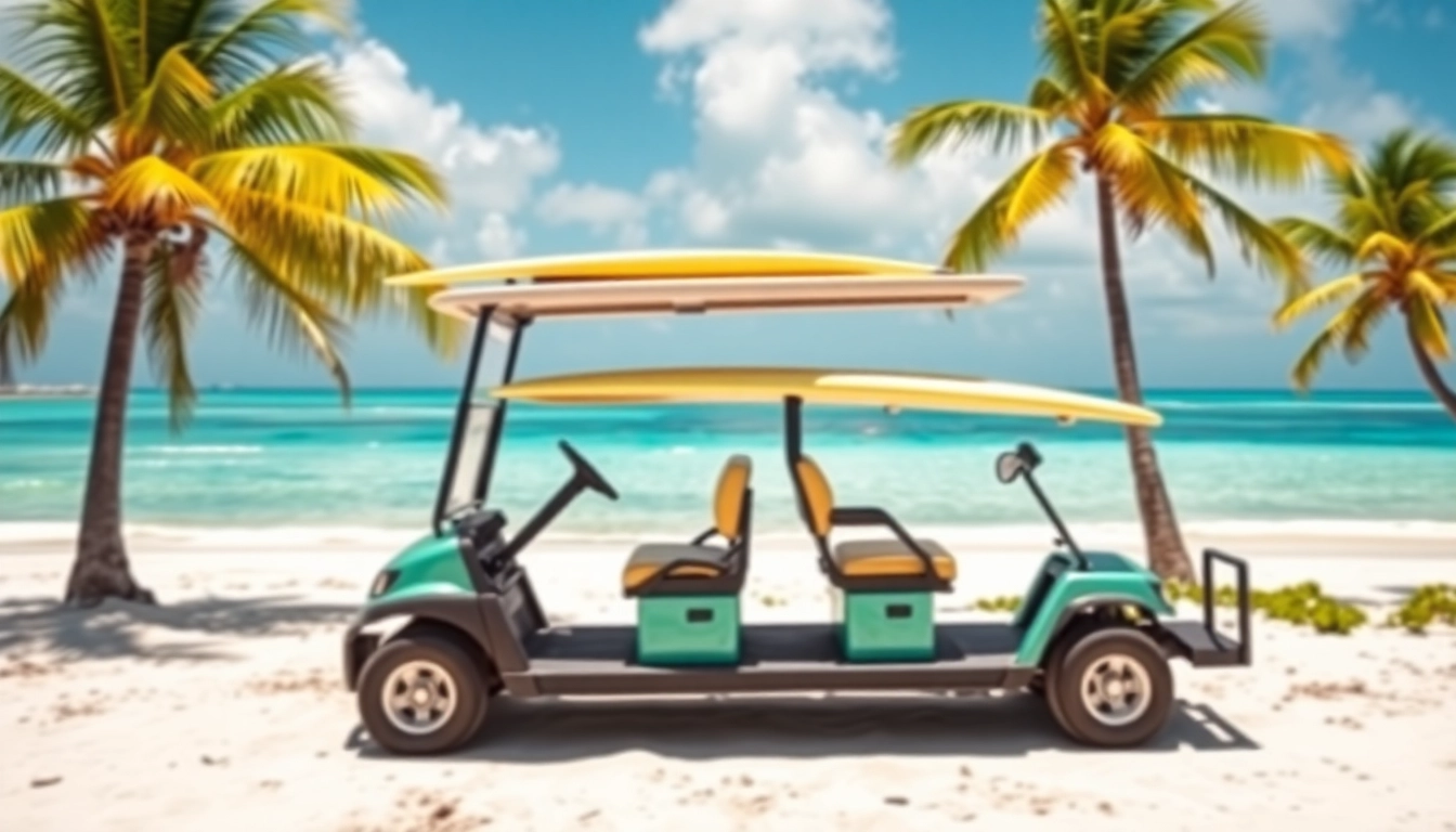 Enjoy scenic Golf Cart Rental San Pedro Belize on the beach with lush palm trees.
