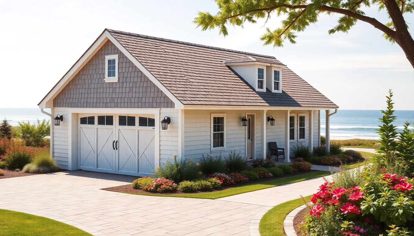 Cape Cod home featuring a beautiful attached garage and lush gardens.