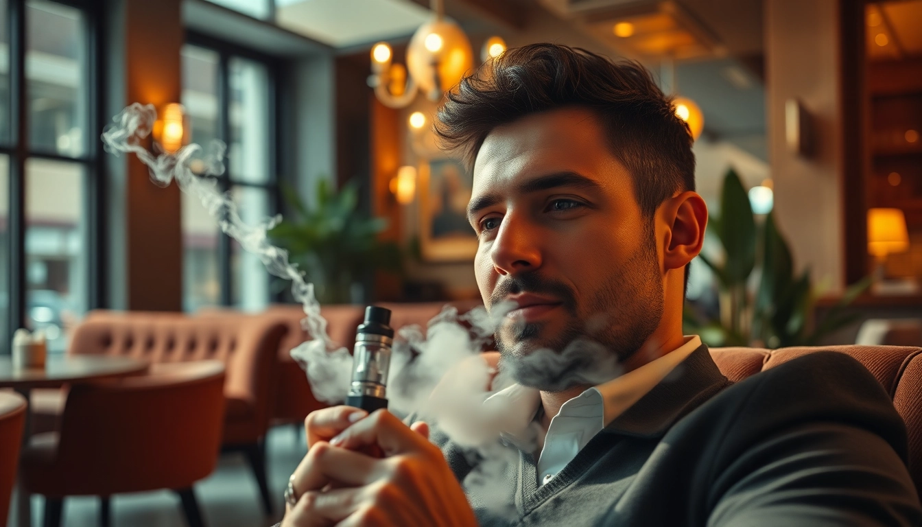Vape Nutzer genießt entspannte Zeit in einem stilvollen Café mit sanften Rauchwolken.