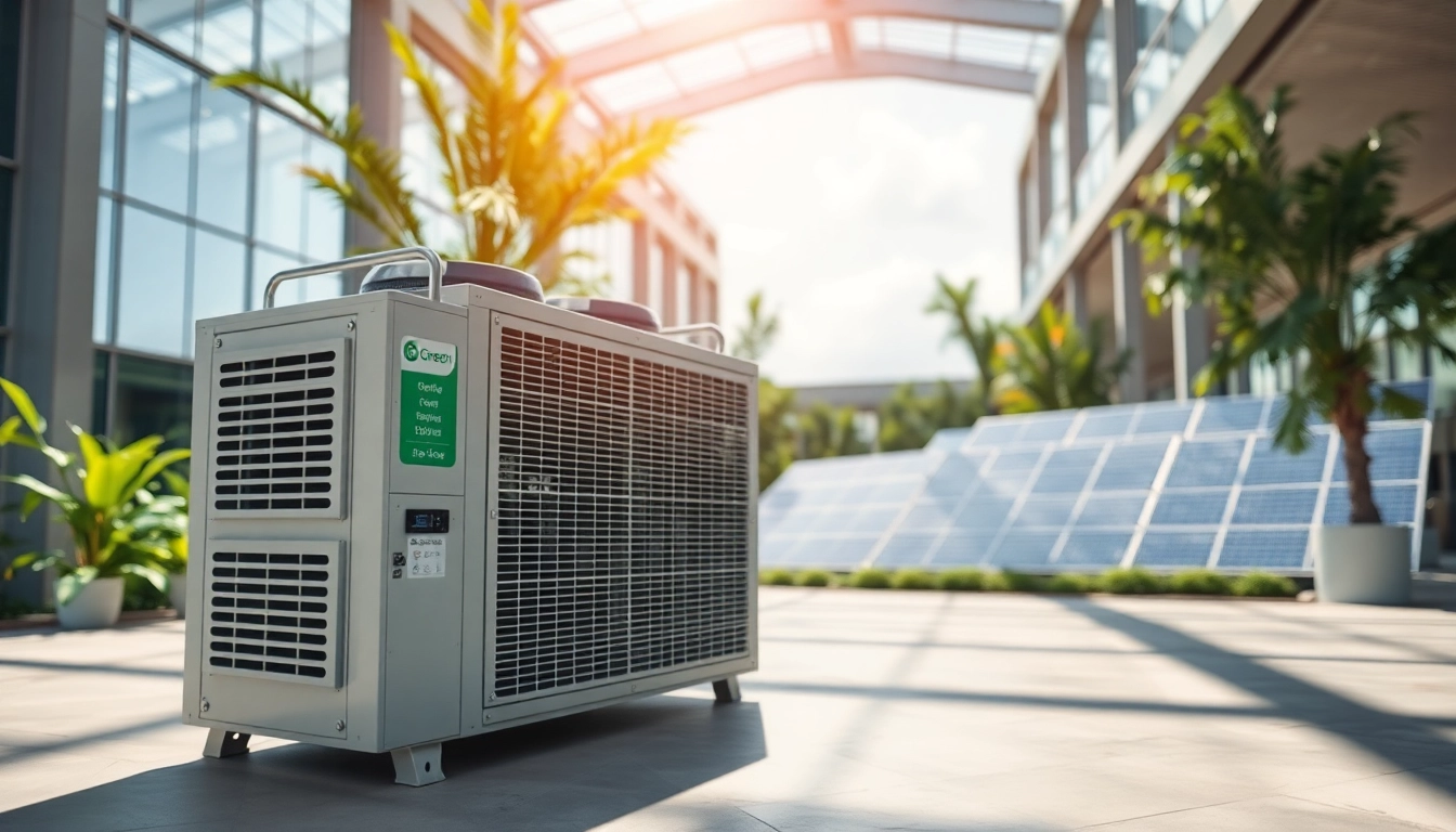 Showcase Green Cooling technology in an eco-friendly setting with modern cooling units.