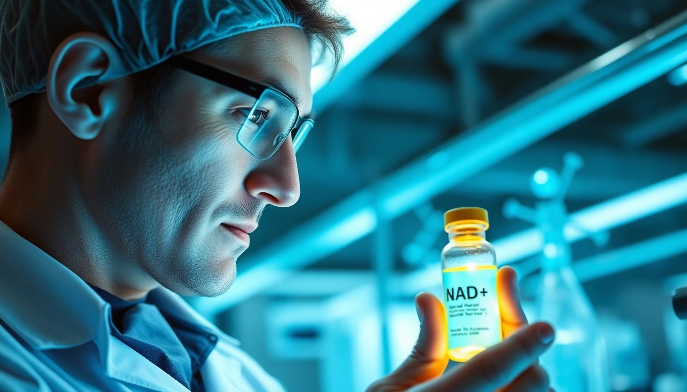NAD+ scientist analyzing a glowing vial in a high-tech lab environment.