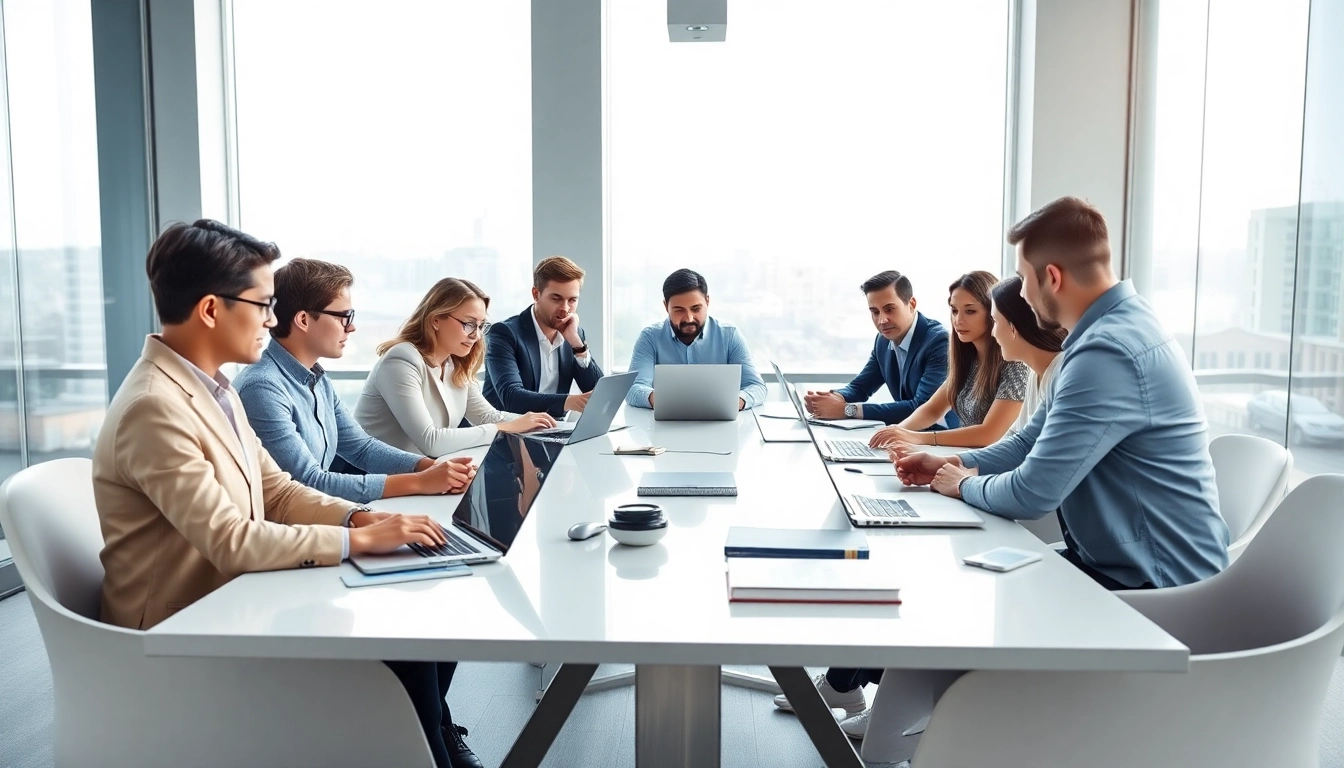 Group of professionals engaged in a business abc meeting with laptops and bright office lighting.