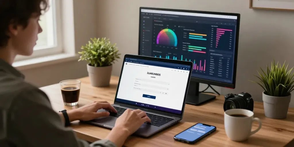 Engaging in the DJARUMBOS LOGIN process from a modern home office setup with performance graphs visible on the screen.