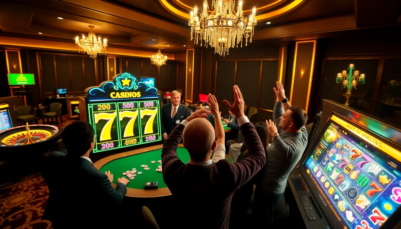 Experience the excitement of slot 777 as players celebrate a big jackpot win in a vibrant casino setting.