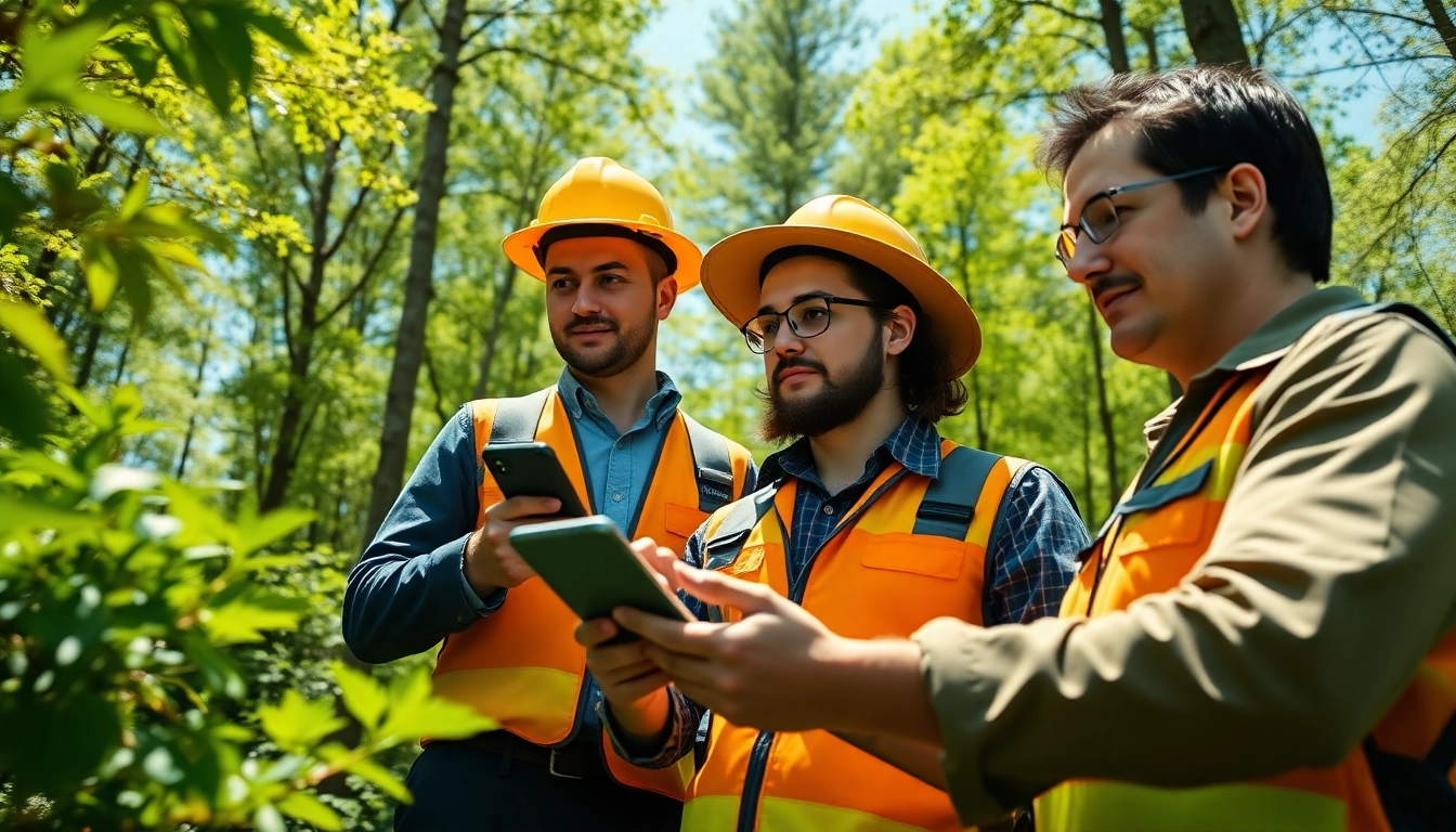 Black Mountain Tree Consultancy team assessing trees amidst lush greenery in a bright forest.