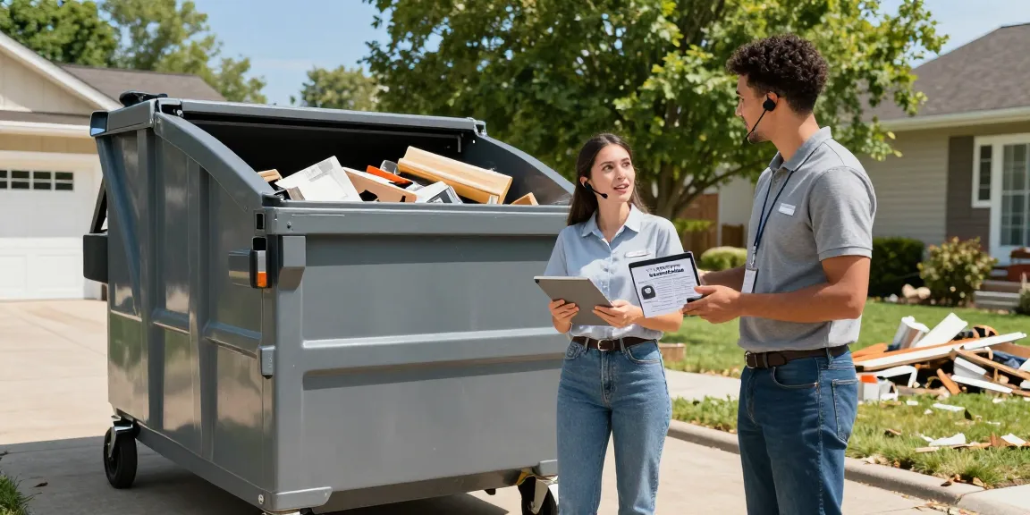 Convenient dumpster rental in Boca Raton FL with All County Dumpsters representative assisting a homeowner for a seamless cleanup.