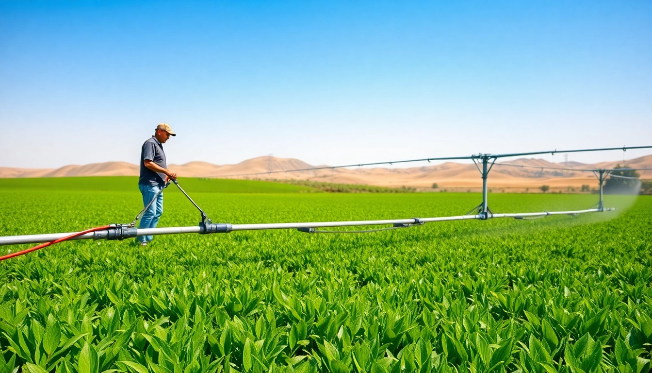 Efficient land irrigation method enhancing crop growth in a green field.