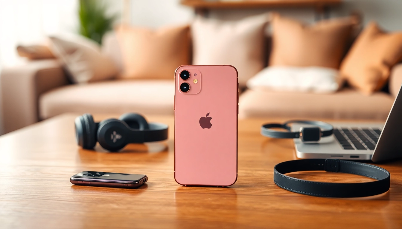 Explora el iPhone 15 rosa sobre una mesa elegantemente decorada con accesorios modernos.