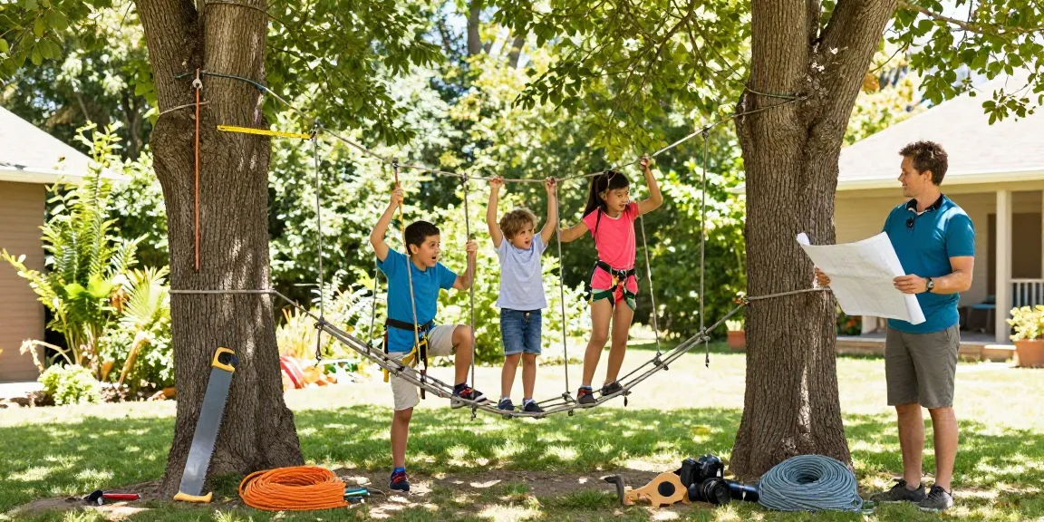 Family engaged in a DIY rope bridge design project in a lush backyard.