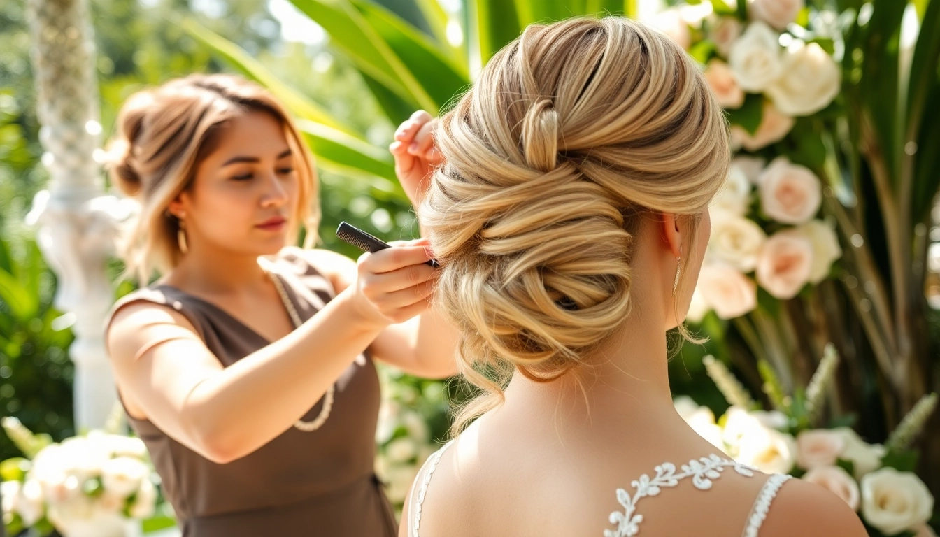 Destination wedding hair stylist creating a stunning bridal look outdoors, surrounded by natural beauty.