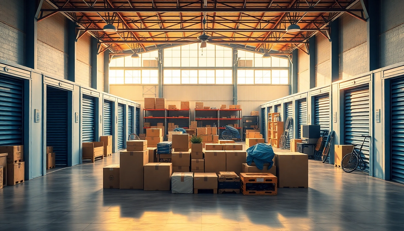 View of self storage units filled with organized boxes and sports gear in a bright warehouse.