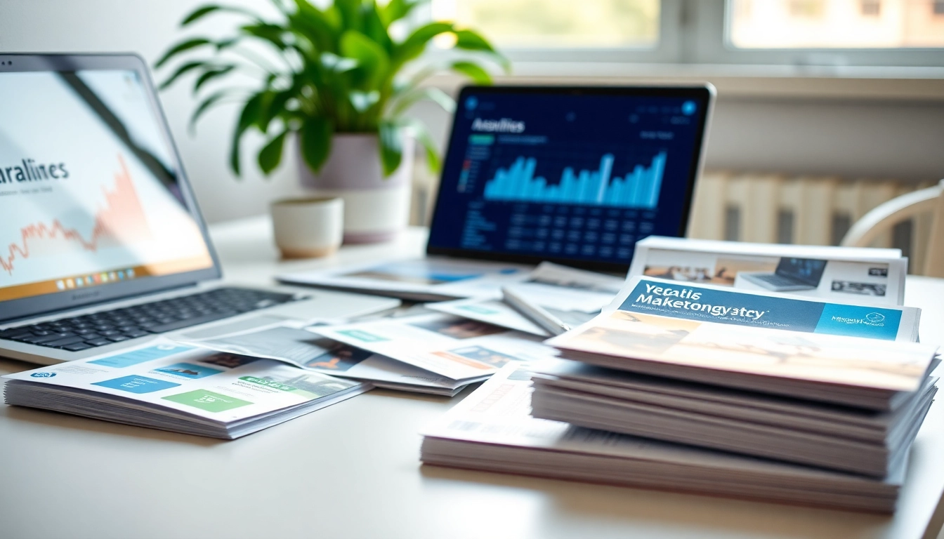 Engaging scene of Atlas Direct Mail marketing materials on a work desk showcasing brochures and analytics.