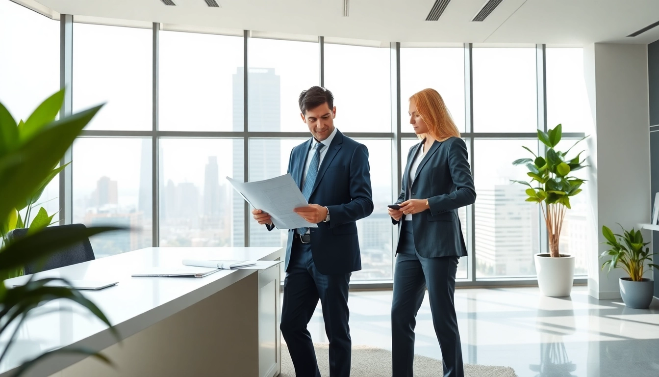 Engaging real estate agent assisting clients in an office, showcasing expertise in Real Estate.