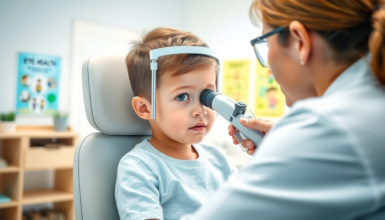 Assessing a child's vision during an eye exam, highlighting Our Children's Vision initiative.