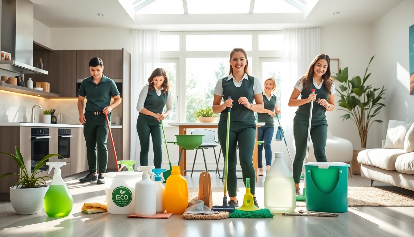 Cleaning service team creating a spotless home environment with eco-friendly products.