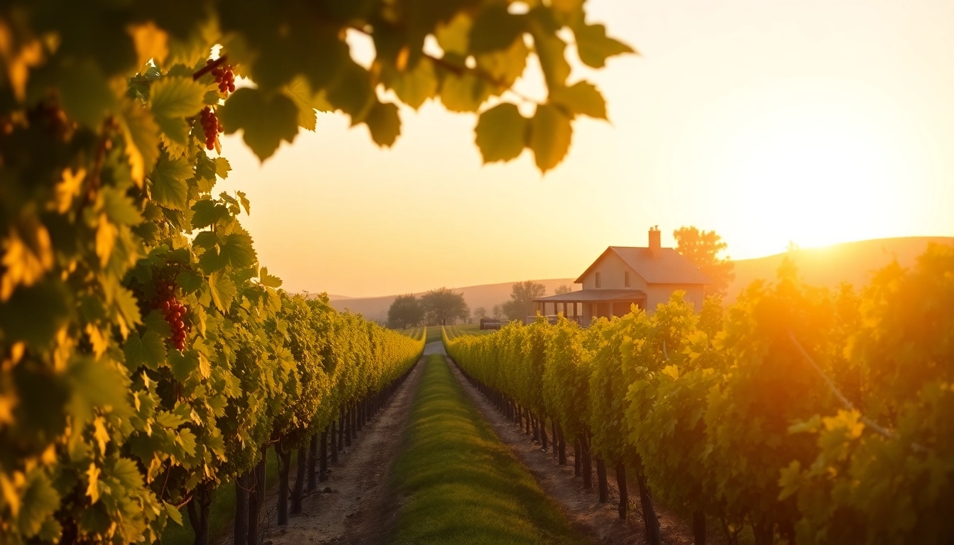 Grapevines at sunset in Carksburg CA showcasing lush rows of vineyards.