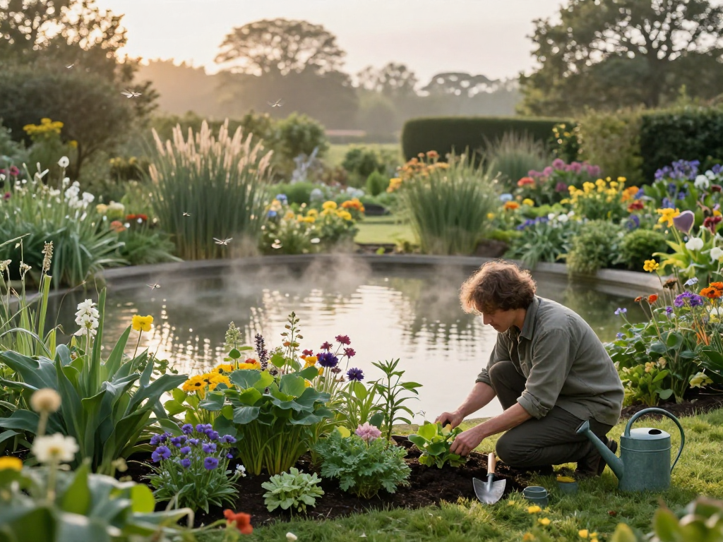 Gardener planting British pond plants by a serene pond at dawn