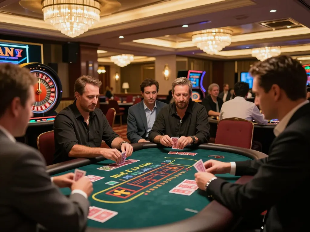 Players strategizing at 678vip's blackjack table in an upscale casino atmosphere